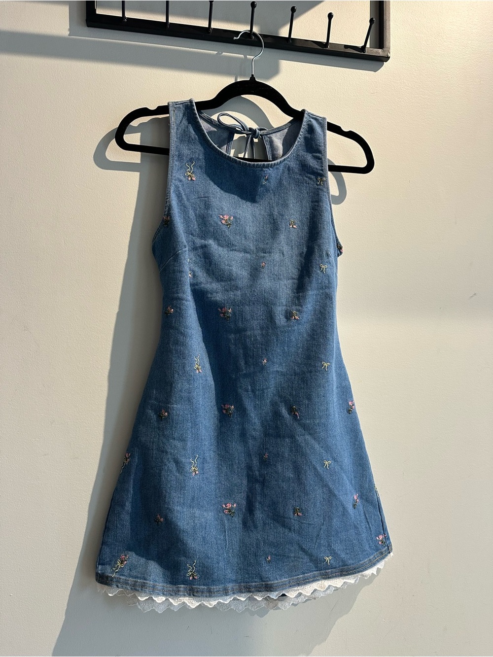 love, Fire Blue Embroidered Denim Dress with Lace Hem